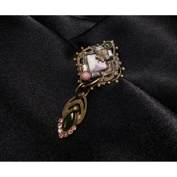 Rare Vintage Sorrelli Signed Brooch With Dangle Pendant Gold-Tone Rhinestones - Picture 1 of 5